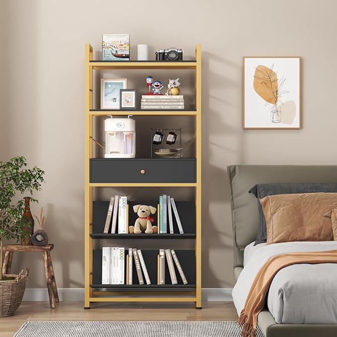 Bookshelf with Drawers- 60'' Wide Industrial Book Shelf with Bookend, 5 Tiers Tall Storage Shelves, Steel Frame Display Rack, Suitable for Bedroom, Office, Living Room-27'' Depth Black - LeafyLoom