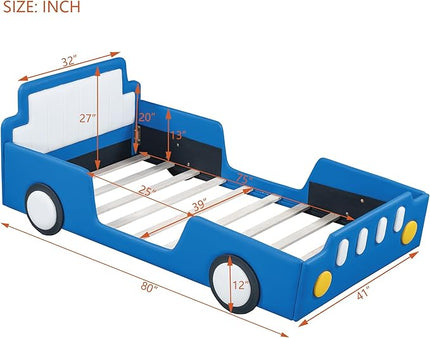 Twin Size Race Car Bed with Wheels,Kids Car-Shaped Beds W/Safety Guardrail,Slats Support,Easy Assembly,Wooden Platform Bedframe for Boys Toddlers Child's Bedroom,Blue PU - LeafyLoom