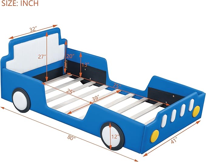 Twin Size Race Car Bed with Wheels,Kids Car-Shaped Beds W/Safety Guardrail,Slats Support,Easy Assembly,Wooden Platform Bedframe for Boys Toddlers Child's Bedroom,Blue PU - LeafyLoom