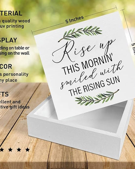 Home Office Desk Wooden Box Sign Decor, Rise Up This Mornin' Smiled with The Rising Sun, Inspirational Quotes Desk Decor Motivational Desk Decorations for Women Men Student Office Classroom School - LeafyLoom