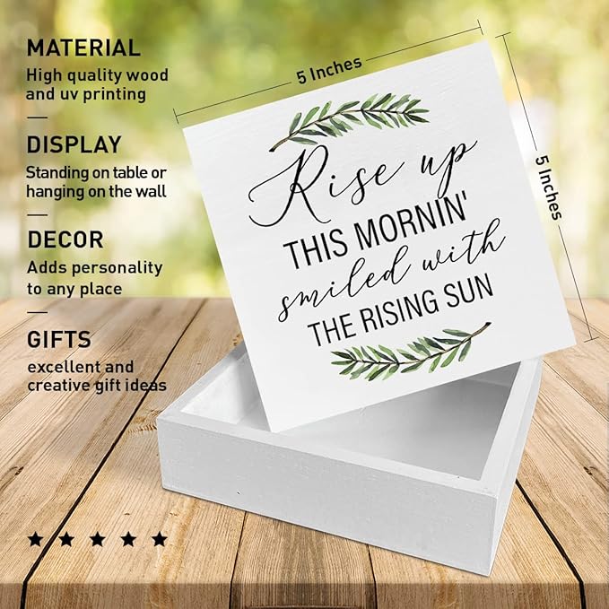 Home Office Desk Wooden Box Sign Decor, Rise Up This Mornin' Smiled with The Rising Sun, Inspirational Quotes Desk Decor Motivational Desk Decorations for Women Men Student Office Classroom School - LeafyLoom