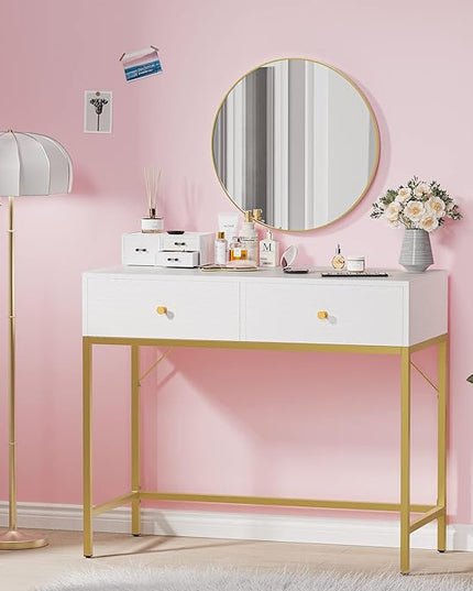 SUPERJARE 35.4" White and Gold Desk with 2 Drawers, Modern Makeup Vanity Desk, Small Computer Desk Home Office Desk for Writing Study Bedroom - LeafyLoom