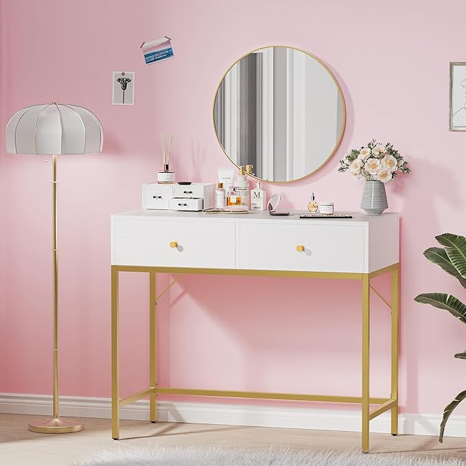 SUPERJARE 35.4" White and Gold Desk with 2 Drawers, Modern Makeup Vanity Desk, Small Computer Desk Home Office Desk for Writing Study Bedroom - LeafyLoom