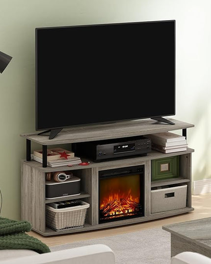 Furinno Jensen Open Shelving Storage Fireplace TV Entertainment Center for TV up to 55 Inch, French Oak Grey/Black - LeafyLoom