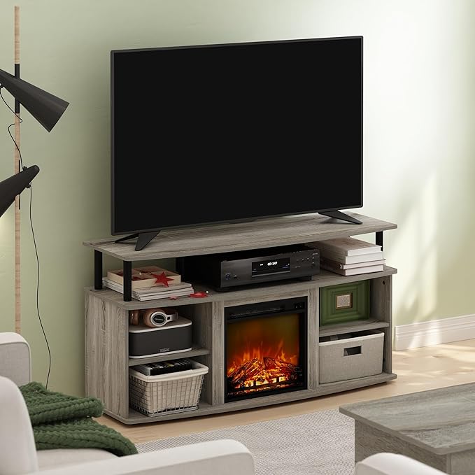 Furinno Jensen Open Shelving Storage Fireplace TV Entertainment Center for TV up to 55 Inch, French Oak Grey/Black - LeafyLoom
