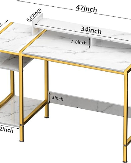 Gaming Desk with Monitor Stand, Storage and Marble Design - Adjustable Home Office Writing Desk - LeafyLoom