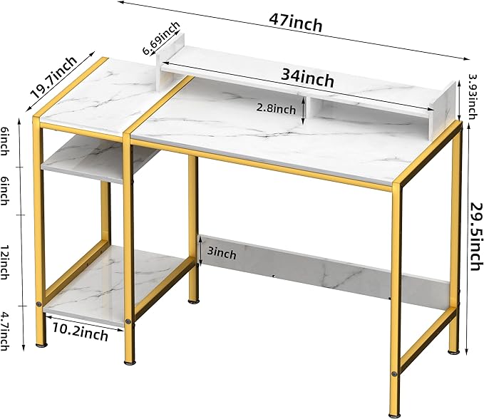 Gaming Desk with Monitor Stand, Storage and Marble Design - Adjustable Home Office Writing Desk - LeafyLoom