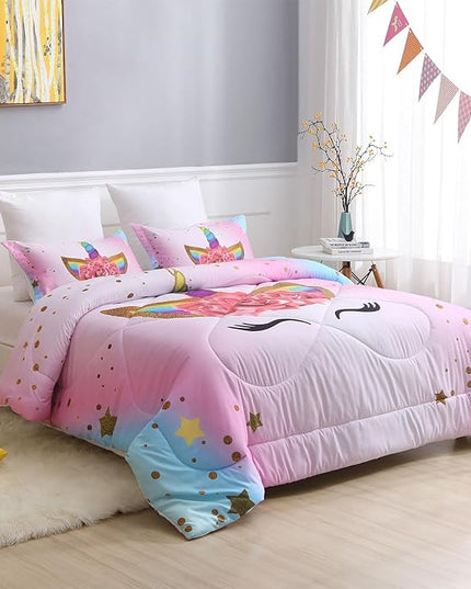 Unicorn Full Bedding Sets for Girls Kids Comforter Set Full Size with 2 Pillowcases Pink and Rainbow Unicorn Room Decor for Girls Bedroom Ultra Soft Machine Washable Toddler Bed Set - LeafyLoom