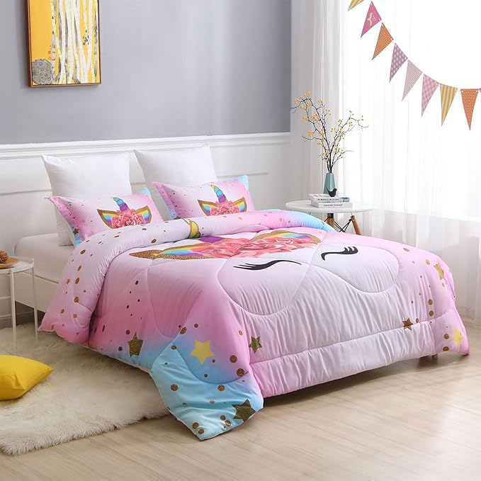 Unicorn Queen Bedding Sets for Girls Kids Comforter Set Queen Size with 2 Pillowcases Pink and Rainbow Unicorn Room Decor for Girls Bedroom Ultra Soft Machine Washable Toddler Bed Set - LeafyLoom
