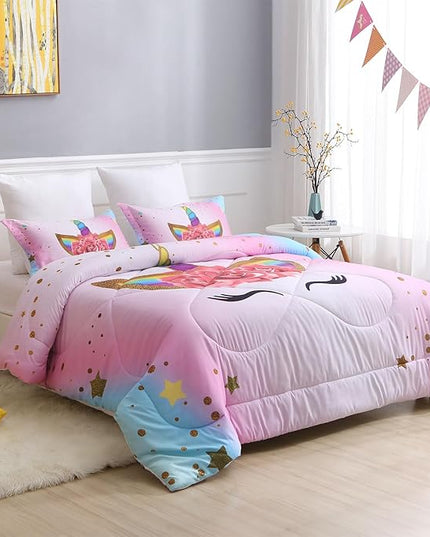 Kids Unicorn Bedding Set Twin Size for Girls, Pink Rainbow Girls Twin Comforter Set with 2 Pillowcases, Floral Kids Unicorn Bed Set Twin, Unicorn Room Decor for Girls Bedroom, All Season - LeafyLoom