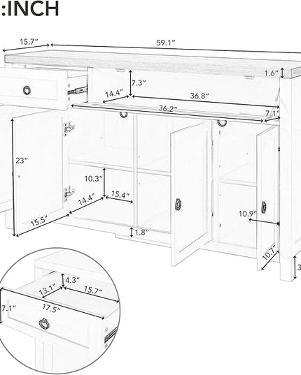59.1" Retro Style Large Storage Space Sideboard with Flip Door and 1 Drawer,Multifunctional Buffet, w/ 4 Height-Adjustable Cabinets,for Dining, Living Room,Antique White - LeafyLoom