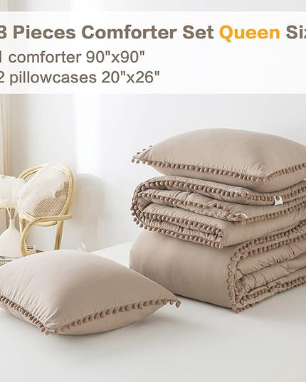 Litanika Queen Size Comforter Set Taupe,3 Pieces Taupe Boho Pom Pom Lightweight Bed Comforter, All Season Soft Solid Color Bedding Comforter Sets (1 Comforter 90x90 Inch, 2 Pillowcases) - LeafyLoom