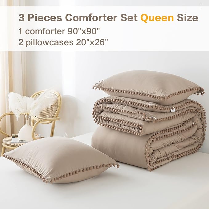 Litanika Queen Size Comforter Set Taupe,3 Pieces Taupe Boho Pom Pom Lightweight Bed Comforter, All Season Soft Solid Color Bedding Comforter Sets (1 Comforter 90x90 Inch, 2 Pillowcases) - LeafyLoom