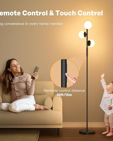 LED Floor Lamp for Living Room, 3 Globe Bright Standing Lamp with Remote, 4 Color Temterapure Dimmable Bedroom Lamp Modern Floor Lamp Tall Lamp for Bedroom/Office, 24W, 2700-6500K, Black - LeafyLoom