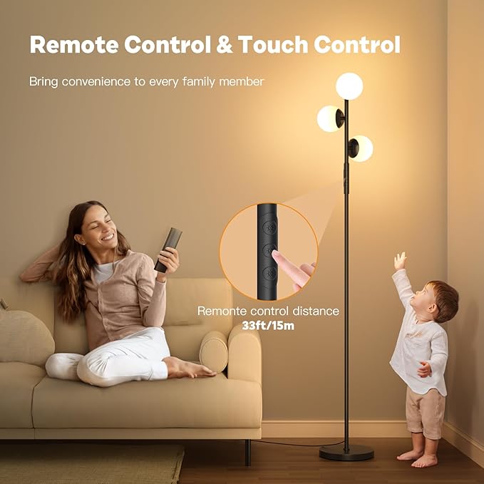 LED Floor Lamp for Living Room, 3 Globe Bright Standing Lamp with Remote, 4 Color Temterapure Dimmable Bedroom Lamp Modern Floor Lamp Tall Lamp for Bedroom/Office, 24W, 2700-6500K, Black - LeafyLoom