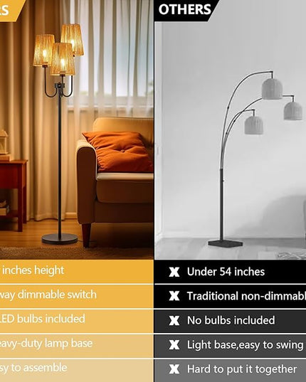 RORIANO Boho Floor Lamp for Living Room, 3-Light Rotary Switch Farmhouse Standing Bedroom Lamp with Rattan Shade, Tall Floor Lamps for Rustic, Coastal, Beach or Bohemian Decor, 3 LED Bulbs Included - LeafyLoom