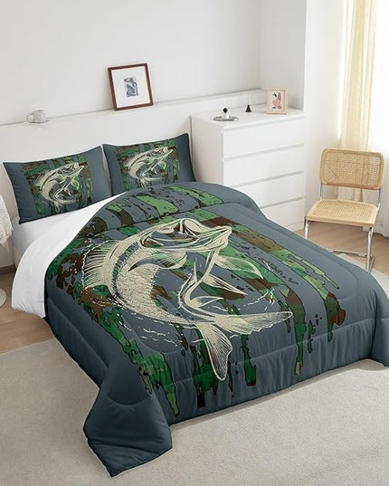 Bass Fish Comforter Set Full Size Green Camouflage Bedding Set for Fishing Lover Gifts Boys Girls Camo Pike Fish Fishing Comforter Wild Fisherman Bed Set Rustic Cabin Bedroom Decor - LeafyLoom