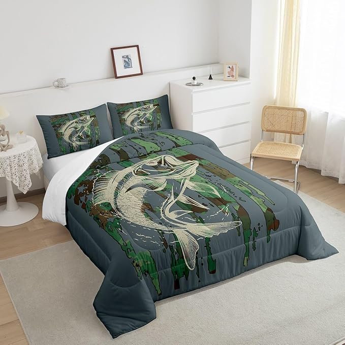 Bass Fish Comforter Set Full Size Green Camouflage Bedding Set for Fishing Lover Gifts Boys Girls Camo Pike Fish Fishing Comforter Wild Fisherman Bed Set Rustic Cabin Bedroom Decor - LeafyLoom