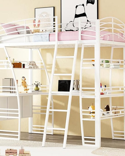 RITSU Twin Size Loft Bed with Storage 4 Layers Shelves and L-Shaped Desk, Strong Metal Bedframe, USB Ports Sockets and Wireless Charging, for Children's Room, Teens, White - LeafyLoom