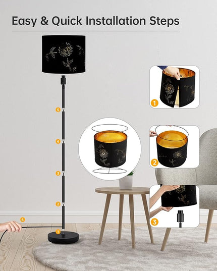 BoostArea Floor Lamp, Standing Lamp, 6W LED Floor Lamps with Black Lampshade, 2700K, Foot Switch, E26 Socket, 58" Tall Metal Pole Lamp, Simple Floor Lamps for Living Room/Bedroom/Farmhouse, Flower - LeafyLoom