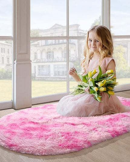 Merelax Soft Shaggy Rug for Kids Bedroom, Oval 2.6'x5.3' Plush Fluffy Rugs for Living Room, Furry Carpet for Teen Girls Room, Anti-Skid Fuzzy Comfy Rug for Nursery, Cute Baby Play Mat,Tie-dyed Pink - LeafyLoom