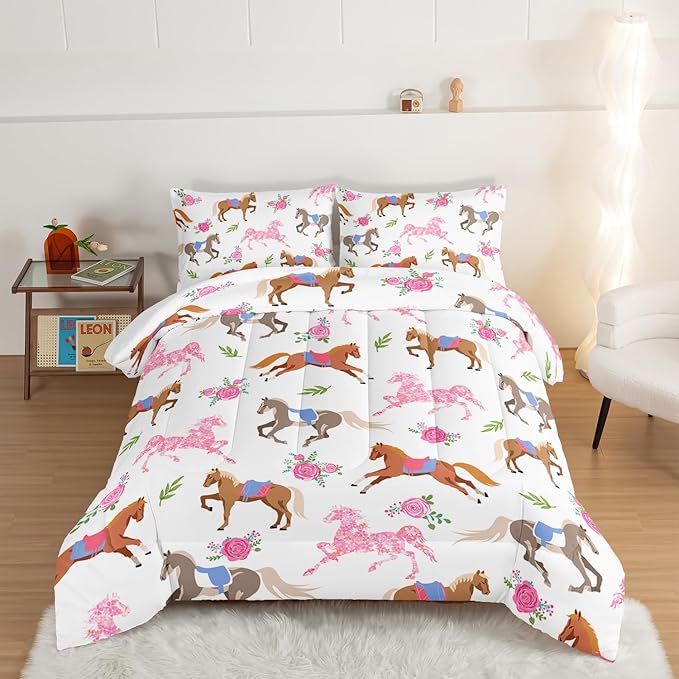 HOSIMA Kawaii Pink Rose Horse Twin Comforter Princess Toddler Bedding Set,Cute Animal Horse Bedding Girls Teens Aesthetic Room Decor,Cowboy Cowgirl Colorful Pony Twin Bed in a Bag. - LeafyLoom