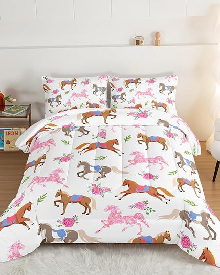 HOSIMA Kawaii Pink Rose Horse King Size Comforter Set,Cute Animal Horse Bedding Girls Teens Aesthetic Room Decor,Princess Toddler Bedding Set Cowboy Cowgirl Colorful Pony Comforter. - LeafyLoom