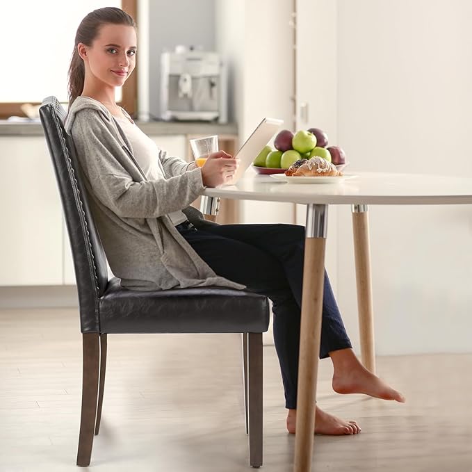 MCQ Upholstered Dining Chairs Set of 6, Modern Upholstered Leather Dining Room Chair with Nailhead Trim and Wood Legs, Mid-Century Accent Dinner Chair for Living Room, Kitchen, Dark Brown - LeafyLoom