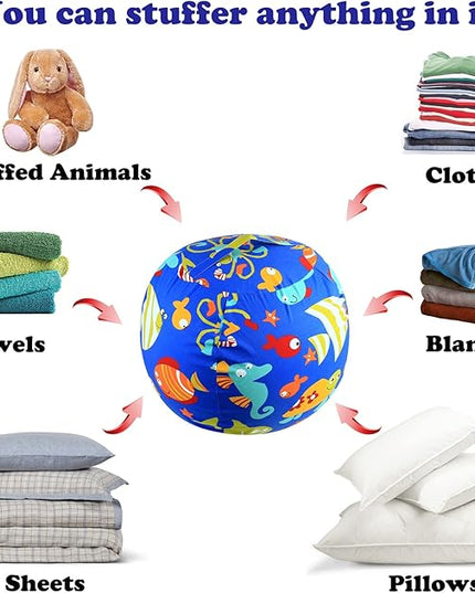 Stuffed Animal Storage Bean Bag Chairs Toy Storage Organizer Bean Bags Chair Cover for Kids 24" Cotton Canvas Beanbag with Zipper for Organizing Kid's and Adults Room, (Blue sea world, 24" x 1) - LeafyLoom