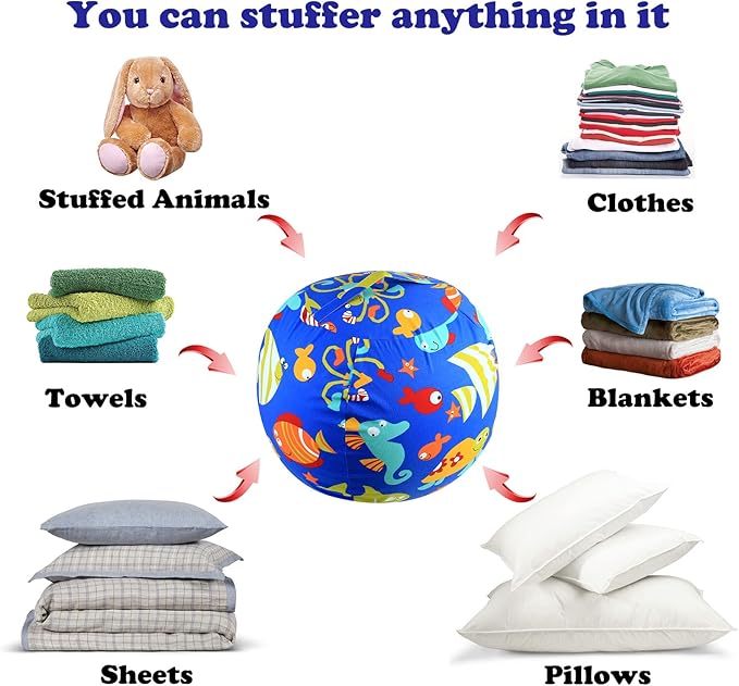 Stuffed Animal Storage Bean Bag Chairs Toy Storage Organizer Bean Bags Chair Cover for Kids 24" Cotton Canvas Beanbag with Zipper for Organizing Kid's and Adults Room, (Blue sea world, 24" x 1) - LeafyLoom