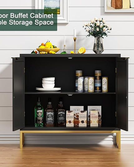 Anmytek Rattan Sideboard Buffet Kitchen Storage Cabinet with 2 Doors, Modern Black Accent Cabinet for Kitchen Buffet Cabinet with Storage for Kitchen - LeafyLoom