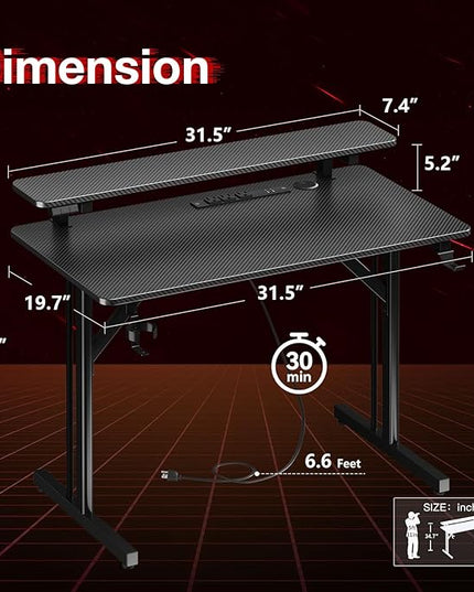 MOTPK Small Gaming Desk with LED Lights & Power Outlets, 31 Inch Computer Desk Gaming Table with Monitor Shelf, Gamer Desk with Carbon Fiber Texture, Kids Boys Desk Gift for Men - LeafyLoom