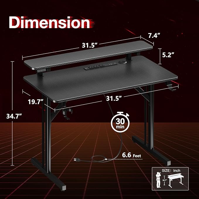 MOTPK Small Gaming Desk with LED Lights & Power Outlets, 31 Inch Computer Desk Gaming Table with Monitor Shelf, Gamer Desk with Carbon Fiber Texture, Kids Boys Desk Gift for Men - LeafyLoom