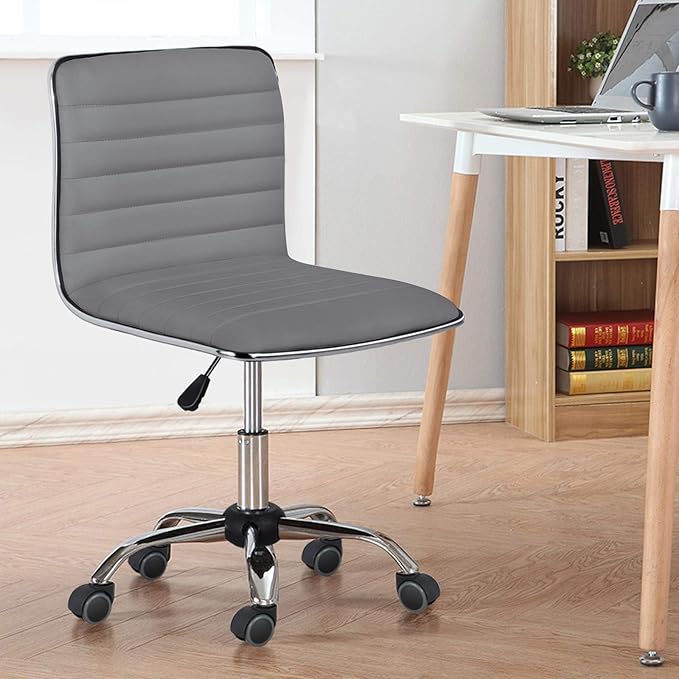 Yaheetech PU Leather Office Chair Task Chair, Ribbed Armless Desk Chair, Adjustable Low Back Executive Chair with Wheels Grey - LeafyLoom