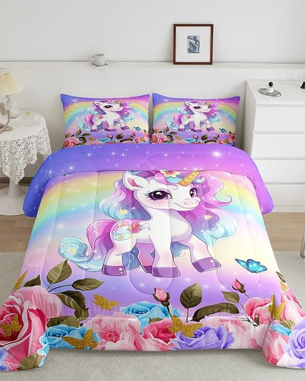 Cute Unicorn Kids Comforter Set Queen Size,Rainbow Starry Sky Roses Dreamy Bedding Set,Girls Women Room Decor,Cartoon Animals Flowers Down Comforter,Pink Purple Unique Duvet Insert,2 Pillowcases - LeafyLoom