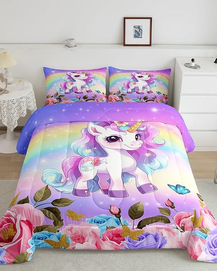 Cute Unicorn Kids Comforter Set King Size,Rainbow Starry Sky Roses Dreamy Bedding Set,Girls Women Room Decor,Cartoon Animals Flowers Down Comforter,Pink Purple Unique Duvet Insert,2 Pillowcases - LeafyLoom