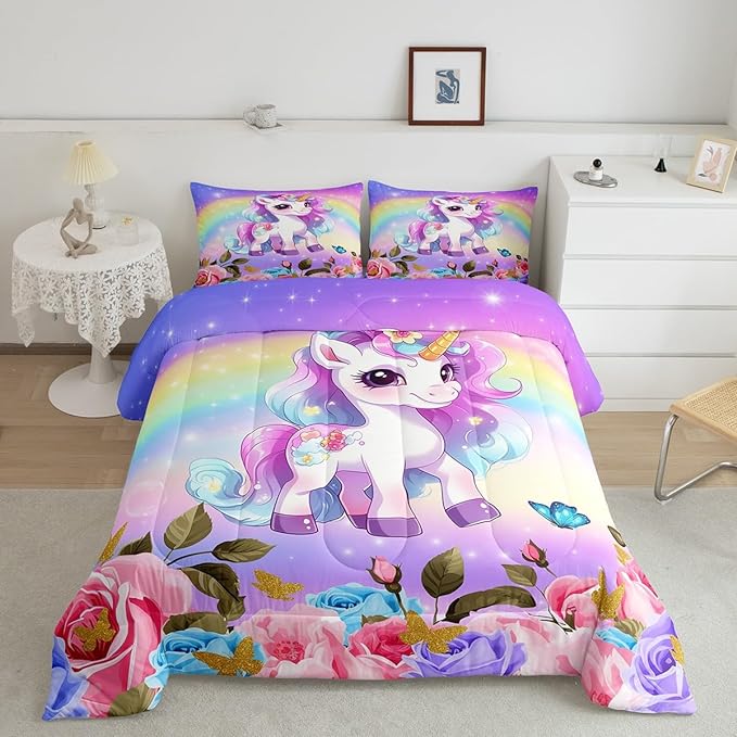 Cute Unicorn Kids Comforter Set King Size,Rainbow Starry Sky Roses Dreamy Bedding Set,Girls Women Room Decor,Cartoon Animals Flowers Down Comforter,Pink Purple Unique Duvet Insert,2 Pillowcases - LeafyLoom
