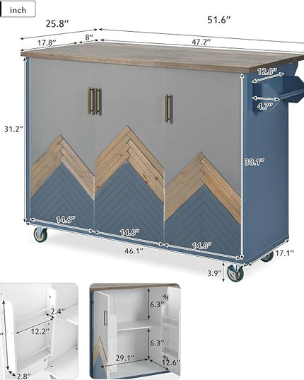 47" Wood Kitchen Island with Drop Leaf and Internal Storage Rack,Mobile & Stationary Cart w/Wheel,Towel-Rack,Adjustable Shelf,for Livingroom, Kitchen,Dining Room,Navy Blue - LeafyLoom