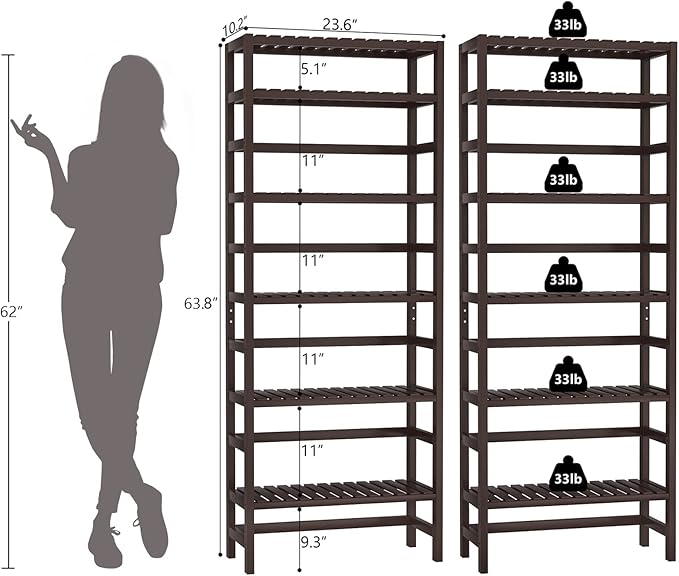 Homykic Bamboo Bookshelf, 6-Tier Adjustable 63.4” Tall Bookcase Book Shelf Organizer Free Standing Storage Shelving Unit for Living Room, Bathroom, Kitchen, Bedroom, Rust Resistance, Espresso - LeafyLoom