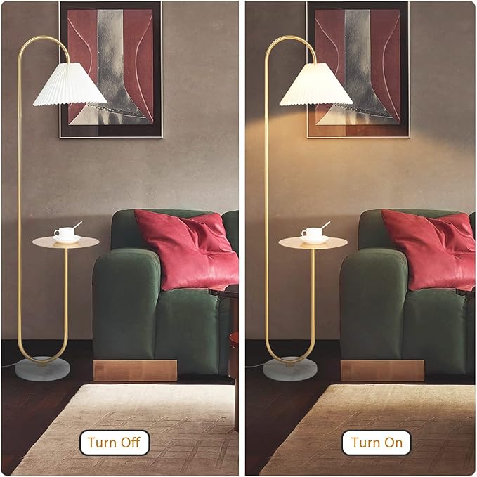Modern Elegant with Tray Floor Lamp for Office Cafe Den Living Room Bedroom, Foot Switch and Brass/Gold Finish,Light Yellow Pleated Cloth Lampshade - LeafyLoom