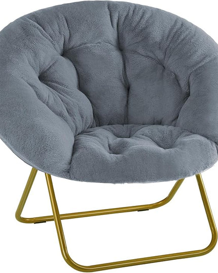 Sweetcrispy Comfy Saucer Chairs, Faux Fur Lounge Chair for Bedroom Living Room Flexible Folding Seat for Kids Teens Adults, Soft Padded and Metal Frame Modern for Home Office, X-Large, Dark Grey - LeafyLoom