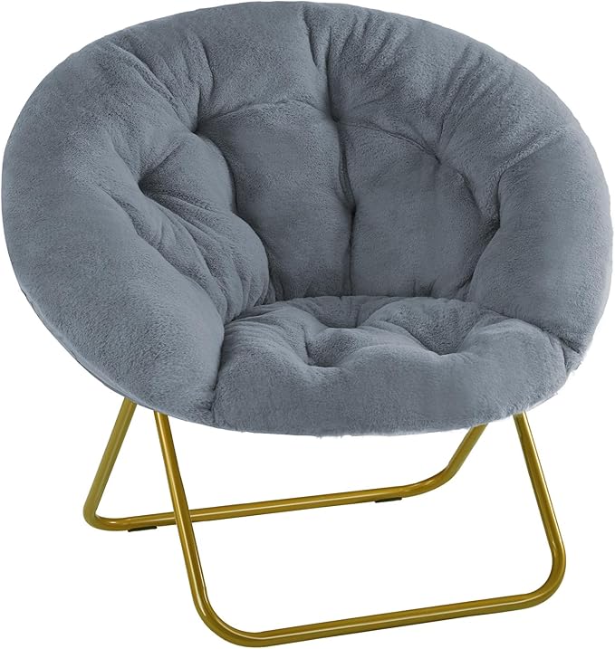 Sweetcrispy Comfy Saucer Chairs, Faux Fur Lounge Chair for Bedroom Living Room Flexible Folding Seat for Kids Teens Adults, Soft Padded and Metal Frame Modern for Home Office, X-Large, Dark Grey - LeafyLoom