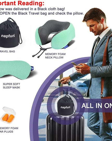 napfun Neck Pillow for Traveling, Upgraded Travel Neck Pillow for Airplane 100% Pure Memory Foam Travel Pillow for Flight Headrest Sleep, Portable Plane Accessories, Striped Turquoise - LeafyLoom