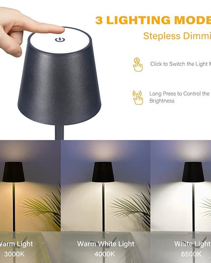 Cordless Table Lamps, 3 Colors Stepless Dimming, 5000mAh Rechargeable Battery LED Desk Lamp for Bedroom/Couple Dinner/Desk/Cafe/Dining Room/Terrace (Black) - LeafyLoom