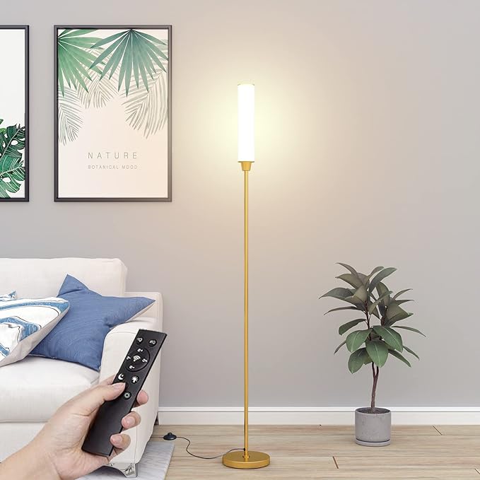 Floor Lamp with Remote Control,Bright Floor Lamps for Living Room/Bedroom/Office, Stepless Adjustable 3000K-6000K Colors and 10-100% Brightness,Standing Light with Foot Switch (Gold) - LeafyLoom