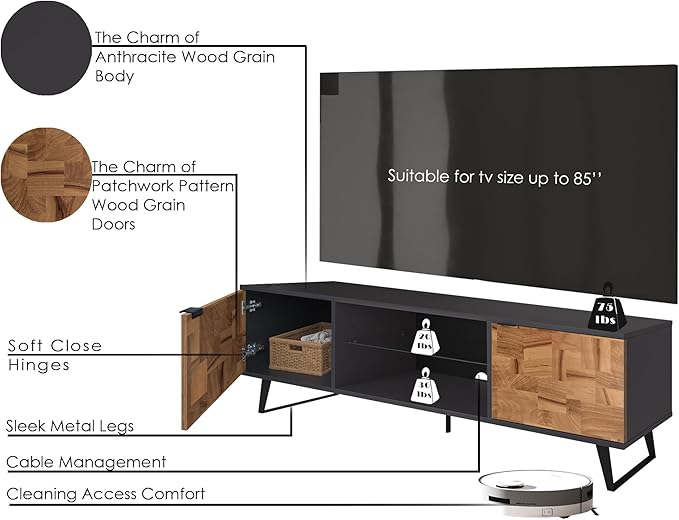 Atelier Mobili Mid Century Modern Door Glass Shelf TV Stand with Storage for TVs up 80 to Inches, Media Console for Living Room, Entertainment Center or Farmhouse TV Stand (Wood Patchwork) - LeafyLoom
