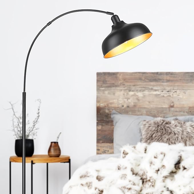 Arc Floor Lamps for Living Room, Modern Farmhouse Floor Lamp with Remote Control, Floor Lamp with 360° Adjustable Hanging Dome Shade, Dimmable Tall Lamp with 9W LED Bulb (Black, 1 PACK) - LeafyLoom