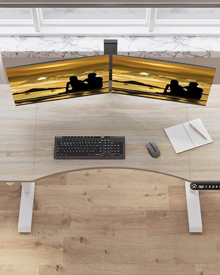 Adjustable Height Electric Standing Desk - 55 x 30 Inch Sit Stand Computer Desk with Splice Board, Stand Up Desk Table for Home Office, White Frame/Oak Top(with Radian) - LeafyLoom