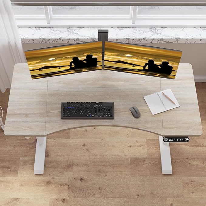 Adjustable Height Electric Standing Desk - 55 x 30 Inch Sit Stand Computer Desk with Splice Board, Stand Up Desk Table for Home Office, White Frame/Oak Top(with Radian) - LeafyLoom