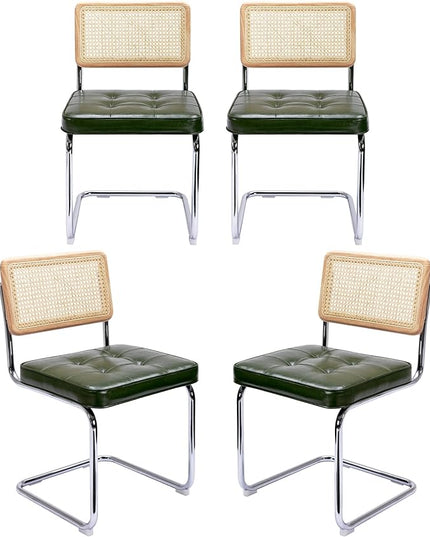 Zesthouse Mid-Century Modern Dining Chairs 4 Pcs, Accent Rattan Kitchen Chairs, Armless Mesh Back Cane Chairs, Upholstered Leather Chairs with Metal Chrome Legs, Green - LeafyLoom